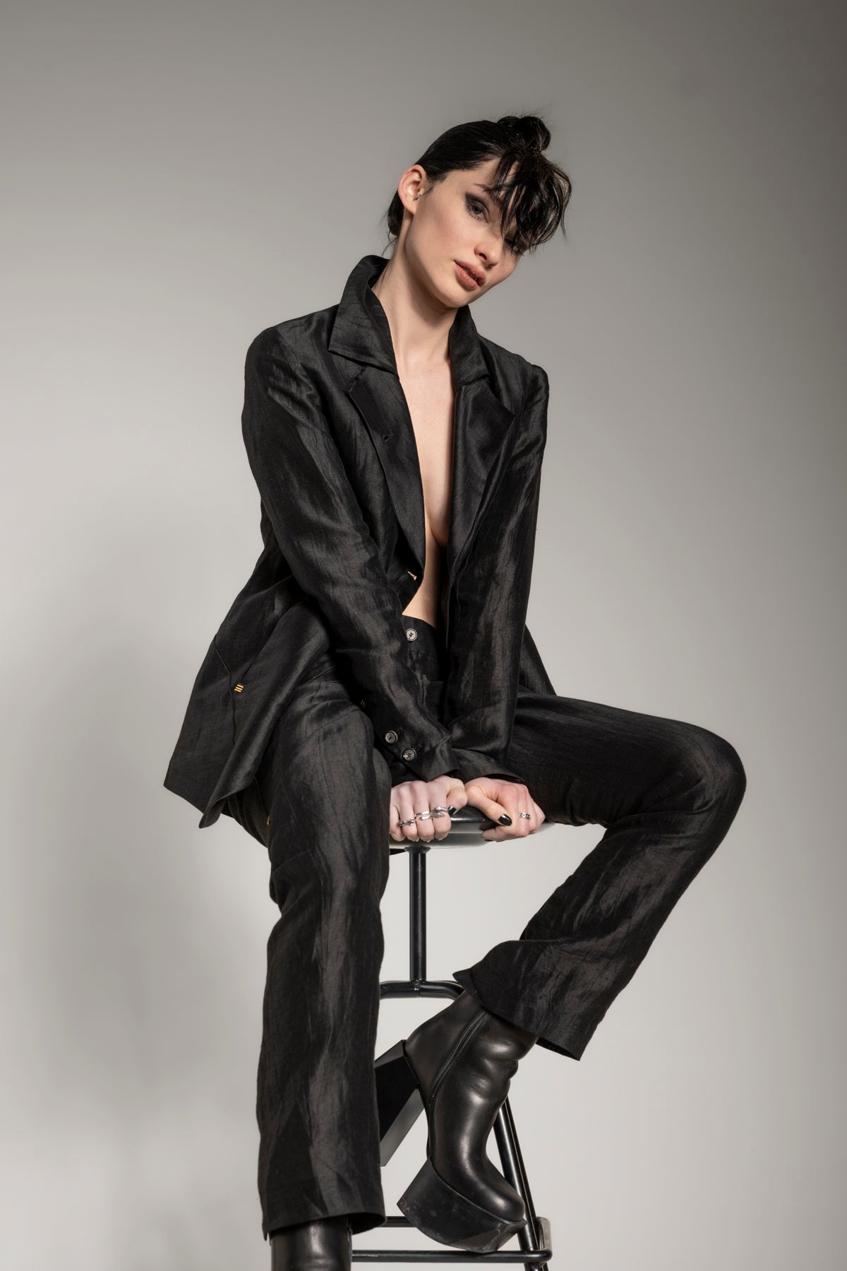 Black Linen Suit for Women with Asymmetrical Blazer
