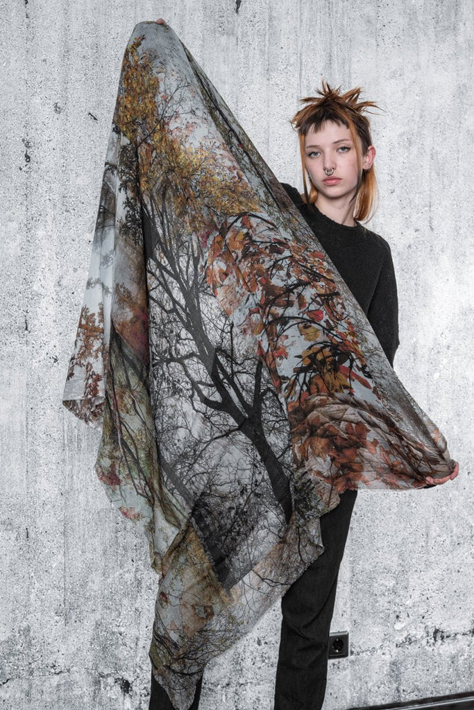 Faliero Sarti | Forest | Unique Wool Scarf with Forest Print in Brown