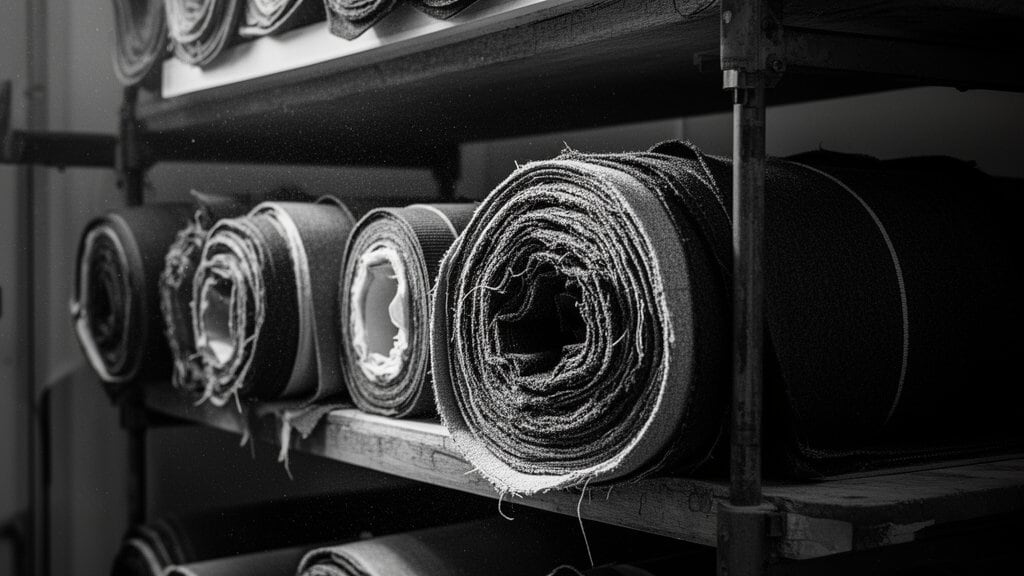 Stoffrollen mit verschiedenen Textilien im Modeatelier der Avantgarde Marke eigensinnig wien