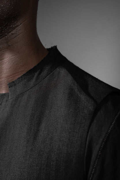 eigensinnig wien | Bartleby | Schwarze Designer Anzugweste für Herren mit Streifen aus japanischem Wolle-Leinen-Mix