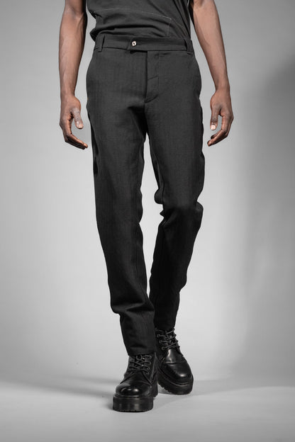 eigensinnig wien | Egger | Schwarze Designer Herren Streifen-Hose aus japanischem Wolle-Leinen-Mix