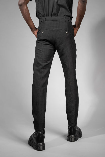 eigensinnig wien | Egger | Schwarze Designer Herren Streifen-Hose aus japanischem Wolle-Leinen-Mix