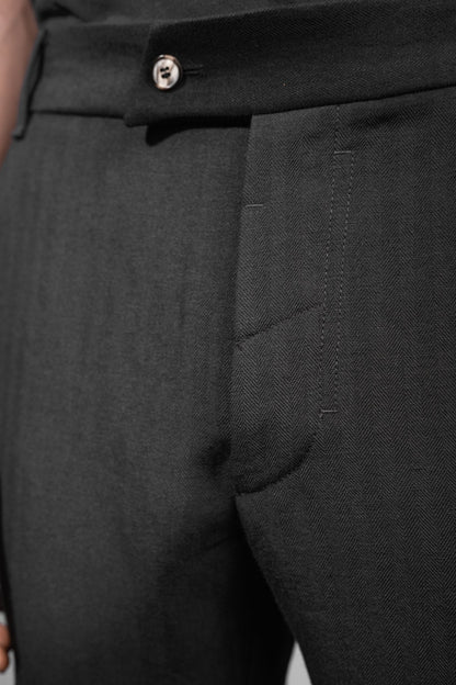 eigensinnig wien | Egger | Schwarze Designer Herren Streifen-Hose aus japanischem Wolle-Leinen-Mix