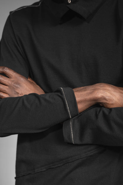 eigensinnig wien | Flaubert | Leichter, schwarzer Baumwoll-Strickpullover mit ungewöhnlichem Schalkragen