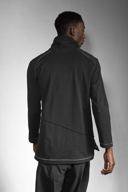 eigensinnig wien | Flaubert | Leichter, schwarzer Baumwoll-Strickpullover mit ungewöhnlichem Schalkragen