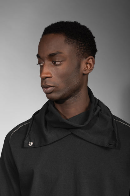 eigensinnig wien | Flaubert | Leichter, schwarzer Baumwoll-Strickpullover mit ungewöhnlichem Schalkragen