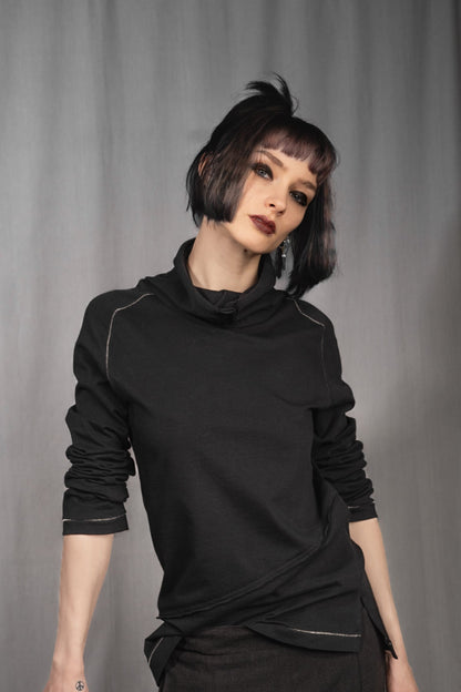 eigensinnig wien | Flaubert | Leichter, schwarzer Baumwoll-Strickpullover mit ungewöhnlichem Schalkragen