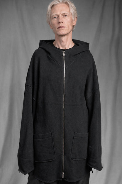 eigensinnig wien | Hades | Schwarzer, hochwertiger Designer-Wollcardigan mit Kapuze im Oversize-Schnitt