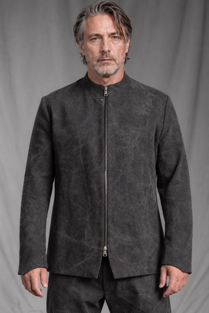 eigensinnig wien | Husserl | Außergewöhnliche Designer-Bikerjacke aus Soft-Touch-Denim in Dirty Grey