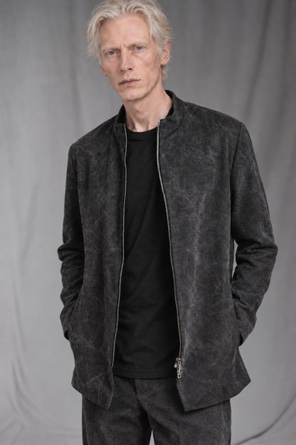 eigensinnig wien | Husserl | Außergewöhnliche Designer-Bikerjacke aus Soft-Touch-Denim in Dirty Grey
