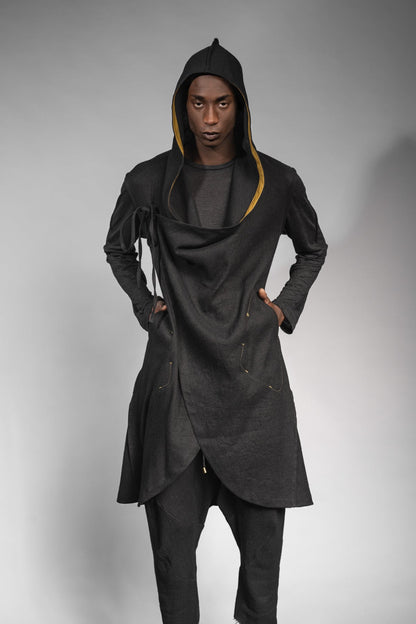 eigensinnig wien | Kalunga | Langer, ärmelloser Cardigan mit Kapuze in Schwarz