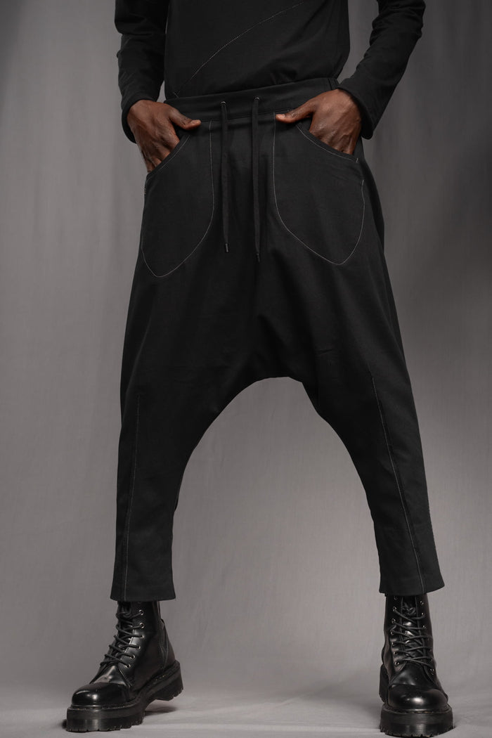 eigensinnig wien | Krummholz | Avant-Garde Drop-Crotch Trousers in Black Cotton