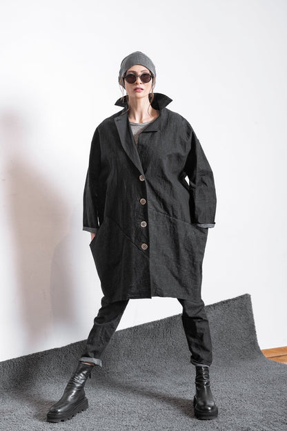 Schwarzer Wollmantel Damen Oversize Mantel Closed Damen Schwarzer