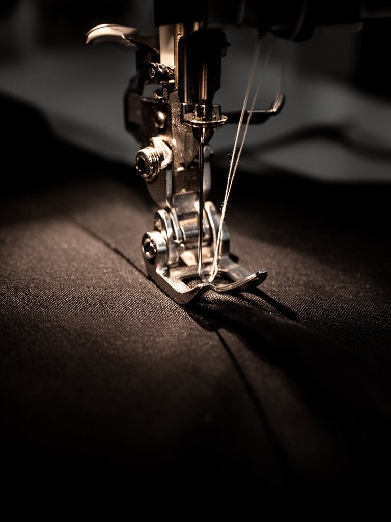 Detail einer Nähmaschine beim Nähen von schwarzem Stoff in der Schneiderei