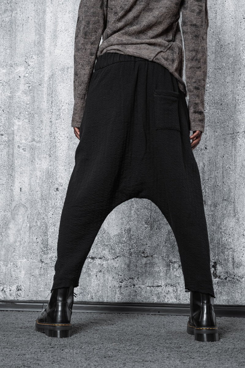 Black Knitted Cropped Drop Crotch Pants Made of Wool