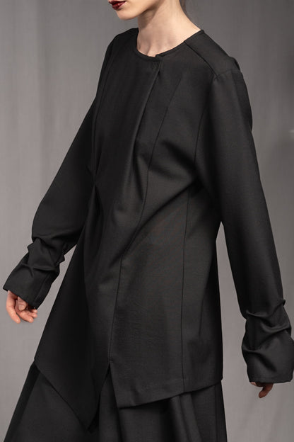 eigensinnig wien | Samain | Asymmetrisches Draped Layered Damen Langarmtop aus exklusiver Twill-Wolle in Schwarz