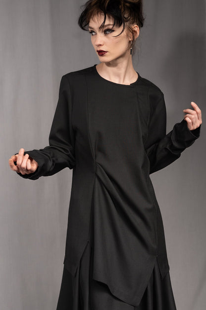eigensinnig wien | Samain | Asymmetrisches Draped Layered Damen Langarmtop aus exklusiver Twill-Wolle in Schwarz