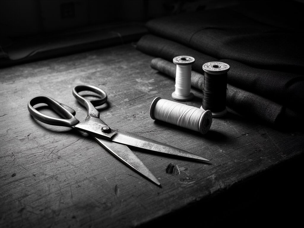 Schneiderei Werkzeuge wie Schere und Garnrollen auf einem Arbeitstisch im Atelier von eigensinnig wien