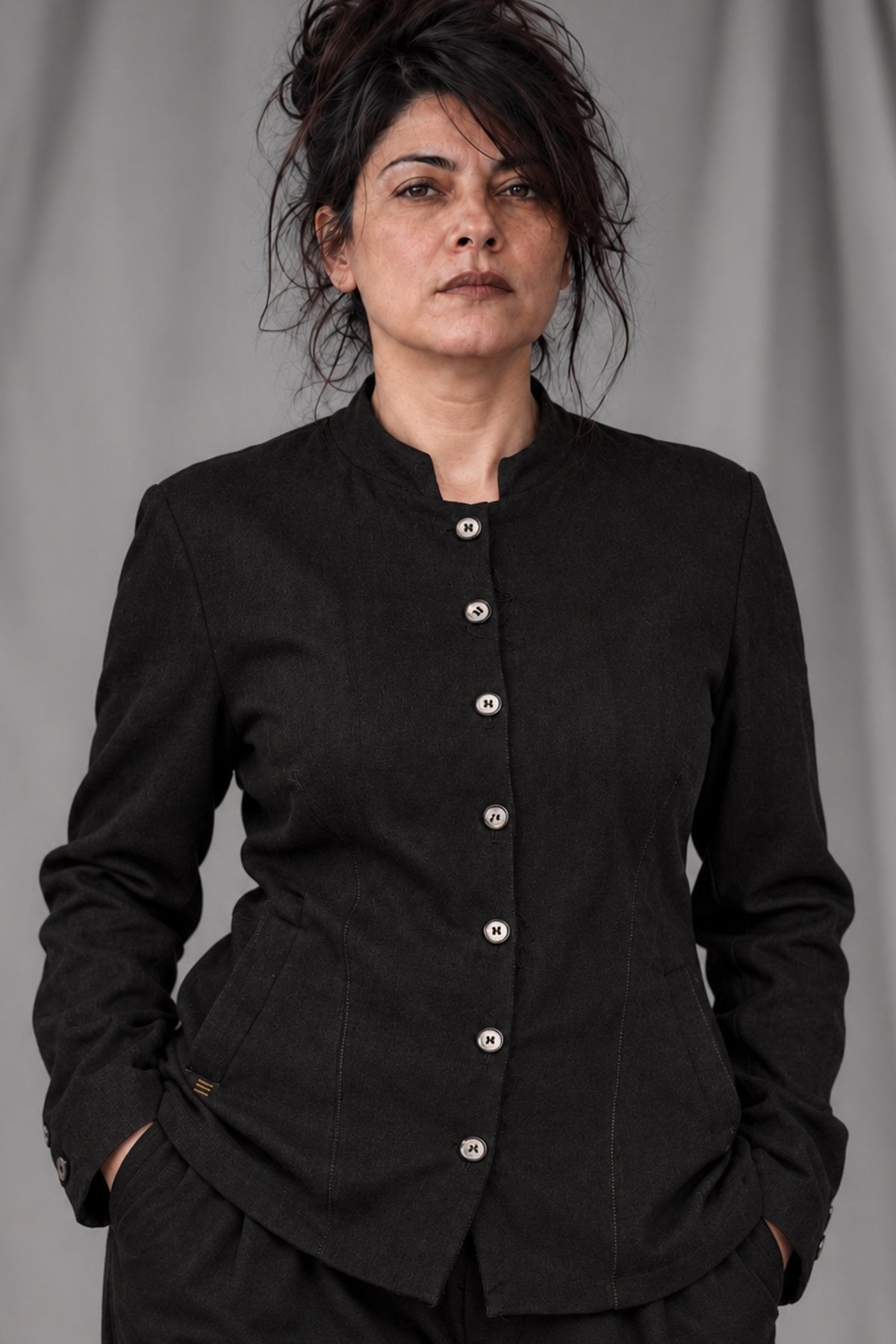 eigensinnig wien | Sontag | Unkonventionelle schwarze Designer-Damenjacke mit Stehkragen aus italienischer Wolle