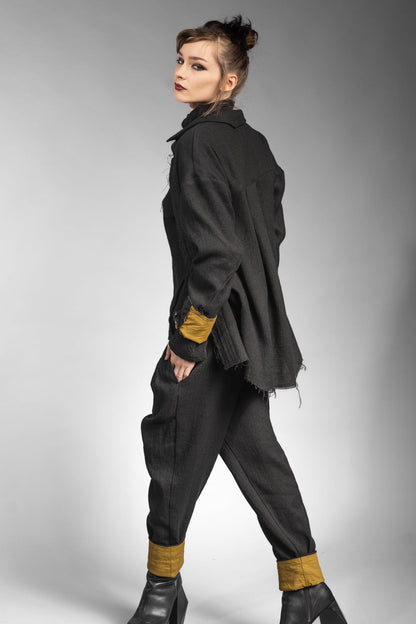 eigensinnig wien | Thoreau | Außergewöhnliches, schwarzes Designer Overshirt aus Wolle-Leinen-Mix