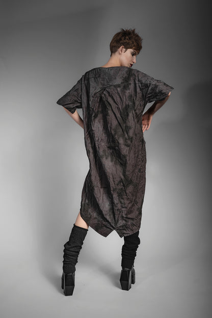 eigensinnig wien | Maruf | Distressed designer tunic linen dress in mud gray